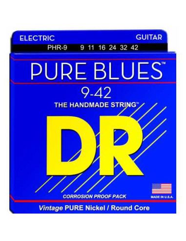 DR PHR9 Pure Nickel Electric Guitar Strings wound on Round Cores. Real Vintage. Light. 9-11-16-24-32-42.